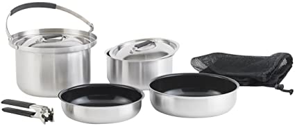 Lagostina 8pc Tri-ply Stainless Steel Complete Camping Set for Cooking, Easy Storage, Friendly for Camping, Safety Gloves Included