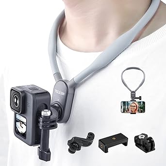 TELESIN Magnetic Neck Mount Necklace Holder Lanyard Strap w Phone Clip Vertical Adapter, Head Chest Shoulder POV Bike Motorcycle Accessories for GoPro Max Hero 12 11 10 9 8 Insta360 DJI Action iPhone