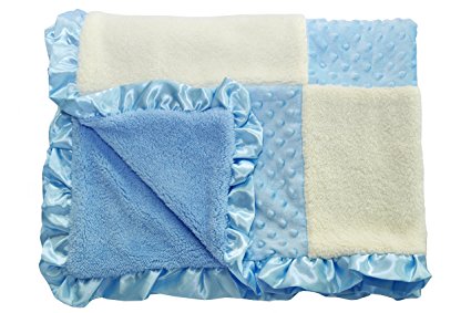 Extra Large Nursery Baby Boy Blanket by Zoomy Baby – Blue & White Patchwork Design - Minky & Fleece, Satin Trimmed - Ideal Baby Shower & Welcoming Gift - 45" X 35"