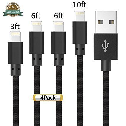 Charger Cable for iPhone,Nutmix 4Pack 3FT 6FT 6FT 10FT Nylon Braided Cord Lightning Cable to USB Charging Charger for iPhone 7, Plus, 6, 6S, SE, 5S, 5, 5C, iPad, iPod [Black]