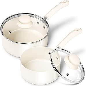 Michelangelo Sauce Pan Set With Lid, 1QT&2QT Ceramic Saucepan, Nonstick Saucepans,PFAS-FREE Pot Set,Small Pots For Cooking, Multipurpose Cooking Pots Set For Home Kitchen, White Sauce Pots Set