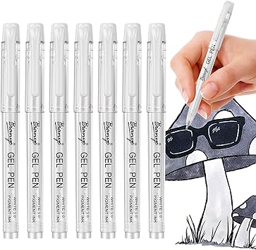 Bianyo White Gel Pen Set, Pack of 7 in a Zipper Pouch, 1.0 mm Bold Line, White Ink, White Gel Ink Pens for Arts and Crafts, Taking Notes, Medical Applications