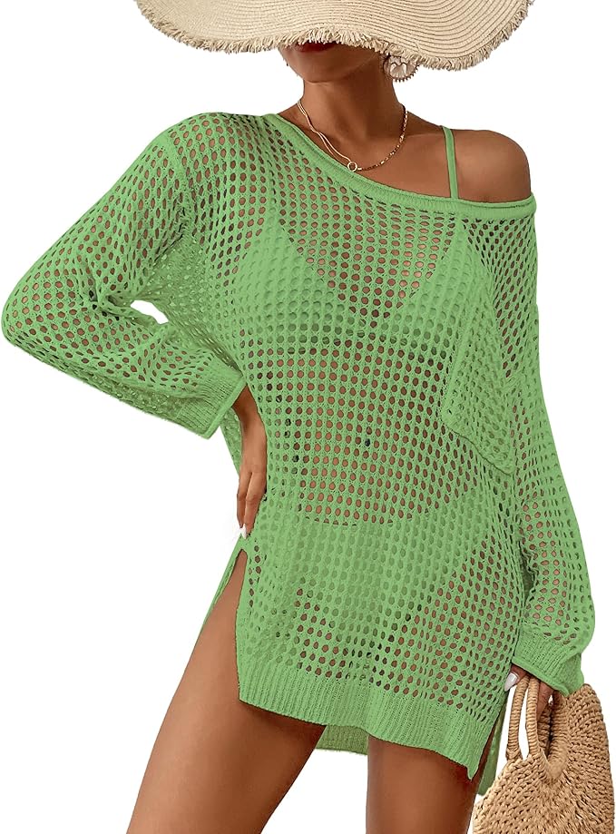 Bsubseach Crochet Cover Up for Swimwear Women Pool Swimsuit Coverup Long Sleeve Beach Knit Tops