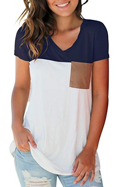 SAMPEEL Women's Basic V Neck T Shirt with Suede Pocket S-XXL
