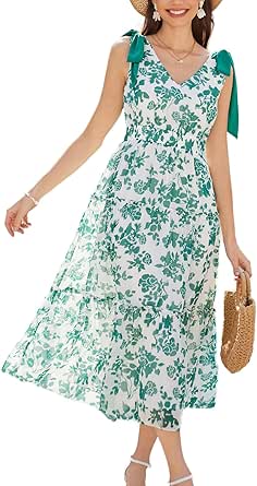 GRACE KARIN Floral Dress for Women Summer Casual Flowy Long V Neck Sundress Sleeveless Tiered Beach Wedding Guest Dress Bow