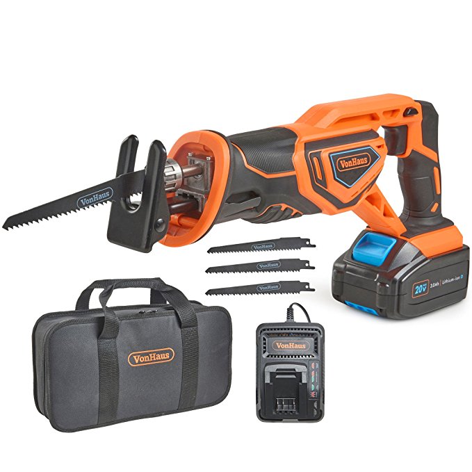 VonHaus 20V MAX Lithium-Ion Cordless Reciprocating Saw Kit with 4x Wood Blades and 1” Stroke Length For Wood & Metal Cutting - Includes 3.0Ah Battery, Smart Charger, and Power Tool Bag