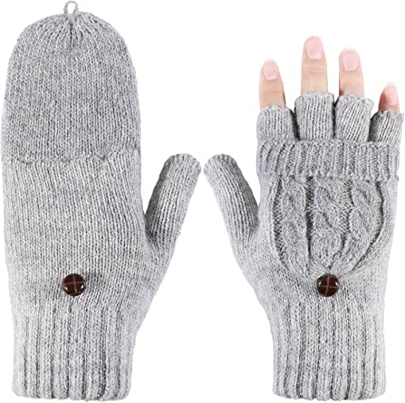 Tatuo Women Convertible Glove Cable Knit Glove Half Finger Mitten with Cover for Cold Days