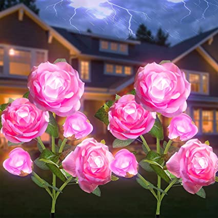 2 Pack Solar Garden Lights Outdoor Stake Lights Decorative Solar Rose Flower Lights with 5 Rose Flowers Waterproof for Garden Patio Yard Lawn Pathway Christmas Decoration Gift(Pink)