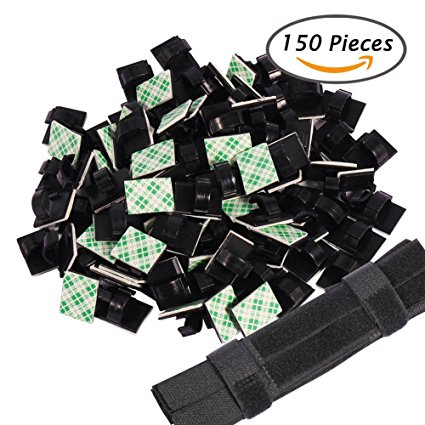 Walue 100 Pack Adhesive Wire Clips Holder Management with 50 pack Cable Ties for Car, Office and Home