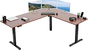 VIVO Electric Height Adjustable 75 x 63 inch Corner Stand Up Desk, Dark Walnut Table Top, Black Frame, L-Shaped Standing Workstation, 3CT Series, DESK-E3CTD-75