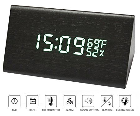 Alarm clock - Wood LED Personal Digital Smart Alarm Clock – Electric Loud Alarm Clocks – Ideal for Home & Office – 3Alarm Groups – 3 Brightness Levels – Voice Control – Day Date Humidity & Temperature