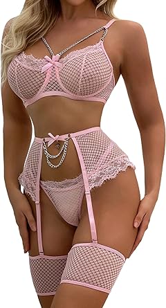Aranmei Women’s Sexy Eyelash Fishnet Lingerie Set Chain Babydoll Underwire Bra and Panty Sets with Garter Belt 4 Pieces