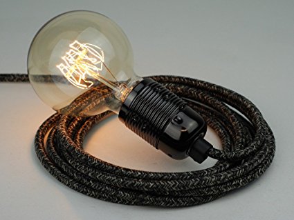 4m Old Wool Grey Fabric Cable Plug In Pendant Light E27 Nickel Fitting & Globe Edison Bulb