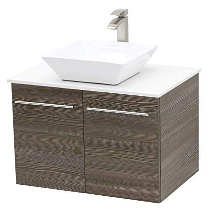 WindBay Wall Mount Floating Bathroom Vanity Sink Set. Taupe Grey Vanity, White Flat Stone Countertop Ceramic Sink - 24"
