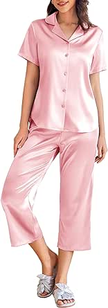 Ekouaer Women Satin Pajamas Set Short Sleeve Sleepwear Silk Button Down Nightwear Two-Piece Loungewear Pjs Set