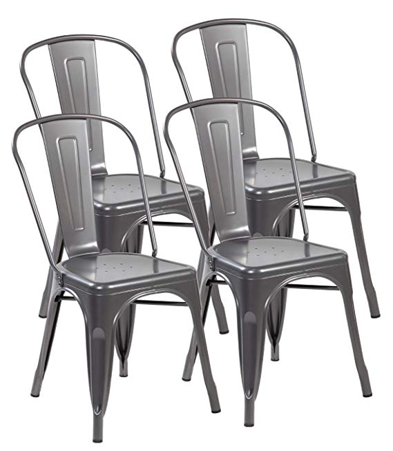 eurosports Tolix-Style Strackable Indoor Outdoor Metal Dinning Chairs with Back (Matt Silver, 4-Pack)