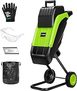 VIVOSUN 15Amp Electric Wood Chipper/Shredder with Wheels, Equipped with 50L Collection Bag, Additional Blades & Carbon Brushes, Cleaning Rod, Gloves & Goggles, Green