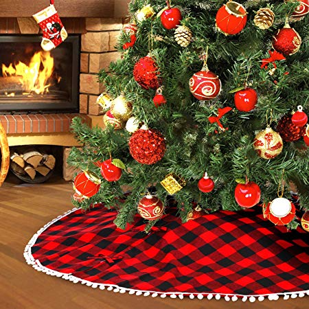 Christmas Tree Skirt Buffalo Plaid - Farochy Rustic Tree Skirt Red and Black Xmas Tree Skirts with Pom Pom for Christmas Decorations 48 Inch
