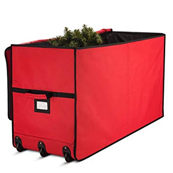 Super Rigid Rolling Christmas Tree Storage Box - Canvas Fabric with Cardboard Inserts - Opens Wide for Easy Input/Access, Artificial Trees Storage Bag, Fits Up To 7.5 ft. Wheels & Handles for Carrying