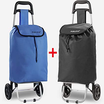 PURLOVE® Set of 2 Lightweight Shopping trolley, Trendy Folding, Collapsible Push, Pull Carts (Black&Blue)