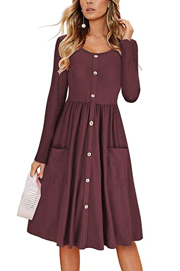 Befily Womens Long Sleeve Button Down Loose Swing Midi Dress with Pockets