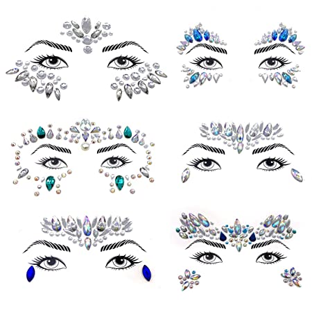 6 Sets Face Gems Glitter,Mermaid Face Jewels,Crystals Face Stickers Temporary Tattoos for Festival Party