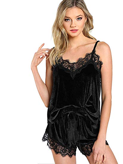 DIDK Women's Lace Trim Velvet Bralette and Shorts Pajama Set