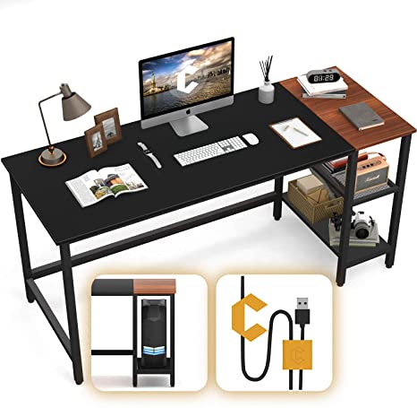 CubiCubi Home Office Computer Desk, 63 Inch Study Writing Table with Storage Shelves, Modern Simple Style PC Desk with Splice Board, Black and Espresso