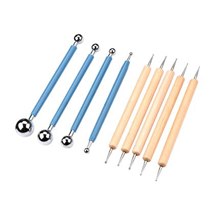 Amatt 9 Pieces Ball Stylus Dotting Tools Set for Embossing Pattern Clay Pottery Ceramics Flower Carving Sculpting Modeling Tool