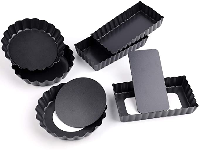 Foraineam 6 Pack Mini Tart Pans Round and Rectangular Non-Stick Quiche Pan Tart Pie Pan with Removable Bottom