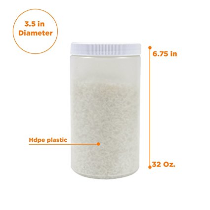 32 OZ WIDE MOUTH PLASTIC JAR FOR STORAGE WITH WHITE RIBBED SCREW ON LIDS SET OF 4 BY PEXALE (white lid, 32 oz)