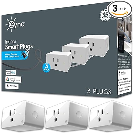 GE CYNC Indoor Smart Plug, Matter Compatible, Bluetooth and Wi-Fi Outlet Socket, Compatible with Alexa and Google Home, Voice Control Outlet (3 Pack)