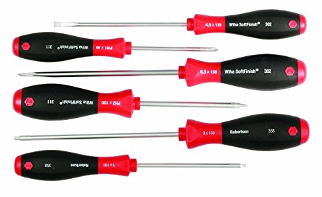 Wiha 30291 SoftFinish Grip ScrewDriver Set, Slotted 4.5-6.5mm, Phillips Number 1-2 and Square Number 1-2, 6-Piece Set