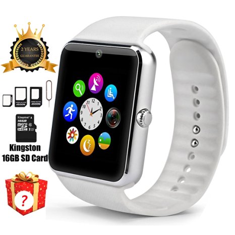 Smart Watch GT08 Bluetooth with 16GB SD Card and SIM Card Slot for Android Samsung S5 S6 Note 4 5 HTC Sony LG and iPhone 5 5S 6 6 Plus Smartphones (White)