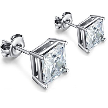 CZ Diamond Stud Earrings Sterling Silver Princess Cut Simulated Diamond Stud Earrings,Women Fashion Square Stud Earrings,Men Simple Casual Silver Stud Earrings 8mm Hypoallergenic Square Earrings
