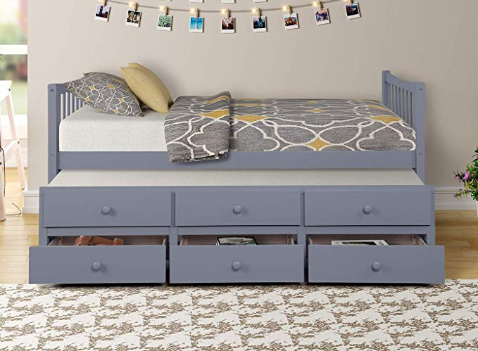 Twin Captain’s Bed Storage daybed with Trundle and Drawers for Kids Guests (Grey)