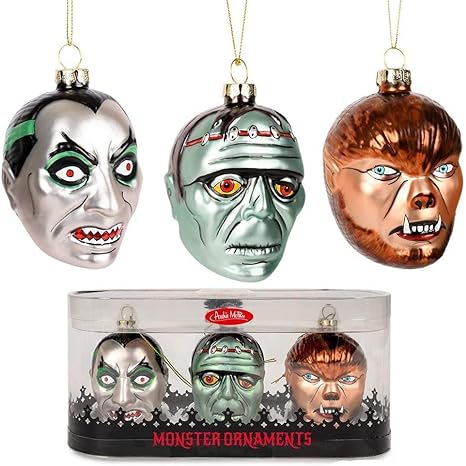 Archie McPhee Set of 3 Monsters Blown Glass Christmas Ornaments! - Dracula, Werewolf Frankenstein, Skeleton Color