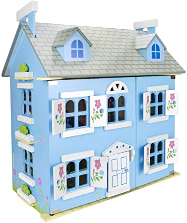 Leomark Beautiful Large Blue Children's Wooden Alpine Dollhouse with Furniture, LED Lights and Set of Dolls, Kids' Toy Doll House for Boys Girls