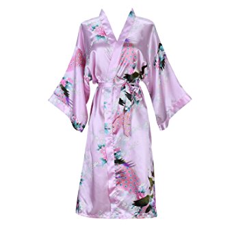 Ellenwell Women's Kimono Robe Peacock & Blossoms Satin Nightwear