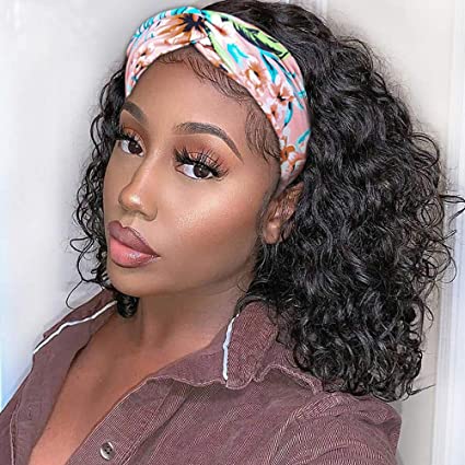 Headband Wig Deep Wave Quick Wigs Human Hair None Lace Front Wigs for Black Women Peruvian Virgin Hair Deep Curly Wig Glueless 150 Density Full Enough Hair Wet and Wavy Wigs with Hair Bands