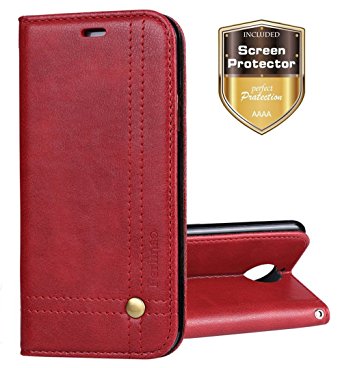 Moto Z2 Play Case, Ferlinso Elegant Retro Leather with [SCREEN PROTECTOR]ID Credit Card Slot Holder Flip Cover Stand Magnetic Closure Case for Moto Z2 Play-Red