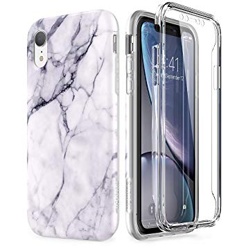 SURITCH for iphone XR case 360 Protection Silicone Back Cover with Built in Screen Protector Slim Thin Bumper Shockproof iphone XR case Marble White