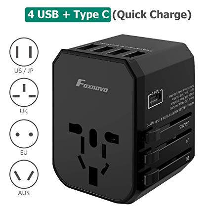 Universal Travel Adapter Foxnovo All in One Worldwide AC Plug International Wall Charger with 5.6A Smart Power 3.0A USB Type-C for USA EU UK AUS Cell Phone Tablet Laptop