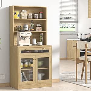 Anmytek Tall Storage Cabinet with Open Shelves & Glass Door, Kitchen Pantry Buffet Freestanding Hutch, Modern Buffet Cupboard, Drawers, Microwave Cupboard for Kitchen