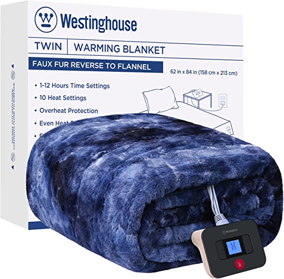 Westinghouse Heated Blanket Electric Throw Blanket, Faux Fur Heating Blanket, 10 Heating Levels & 1 to 12 Hours Heating Time Settings, Soft Machine Washable, 62"x84" Twin Size, Navy Blue