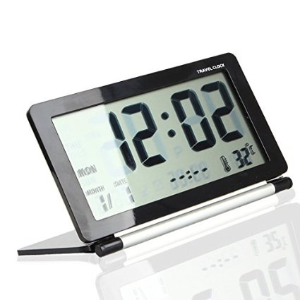 Multifunction Silent LCD Digital Large Screen Travel Desk Electronic Alarm Clock, Date/Time/Calendar/Temperature Display, Snooze, Folding (Black Silver)