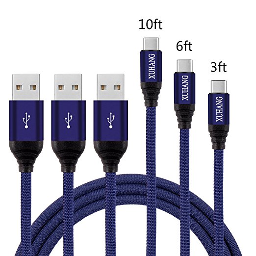 USB Type C Cable, XUHANG 3Pack (3 6 10ft) USB A to USB C Cable Nylon Braided Fast Charger Cord for Google Pixel, LG G6 V20, Nintendo Switch, Samsung Galaxy S8 Plus, New Macbook and More (Blue)