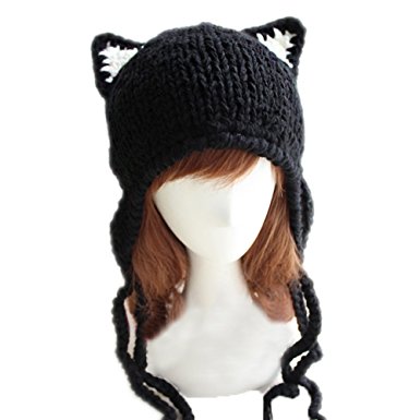 BIKMAN Cute Cat Ears Knit Hat Ear Flap Crochet Beanie Hat