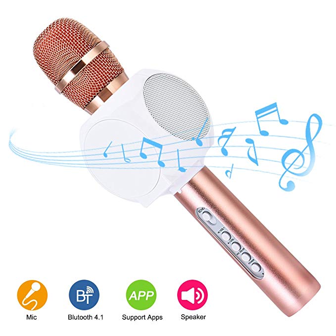 Wireless Bluetooth Karaoke Microphone Speakers-HURRISE Mic Player Recorder with Phone Holder Echo Noise Reduction for iPad,Smartphone (Rose gold)