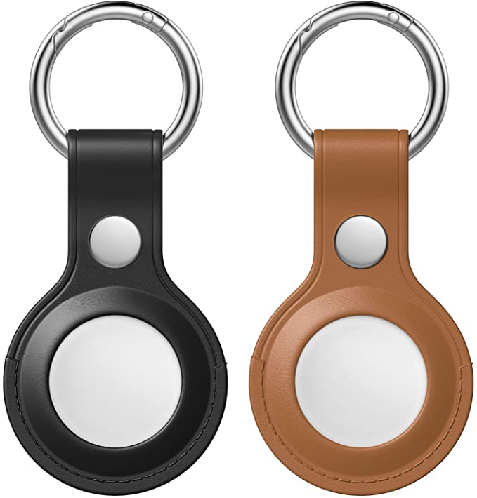 MoKo Protective Case for AirTag 2021, 2-Pack Genuine Leather Tracker Holder with Key Chain, Easy Carry AirTag Cover for Keys, Backpacks, Liner Bags, Black & Brown